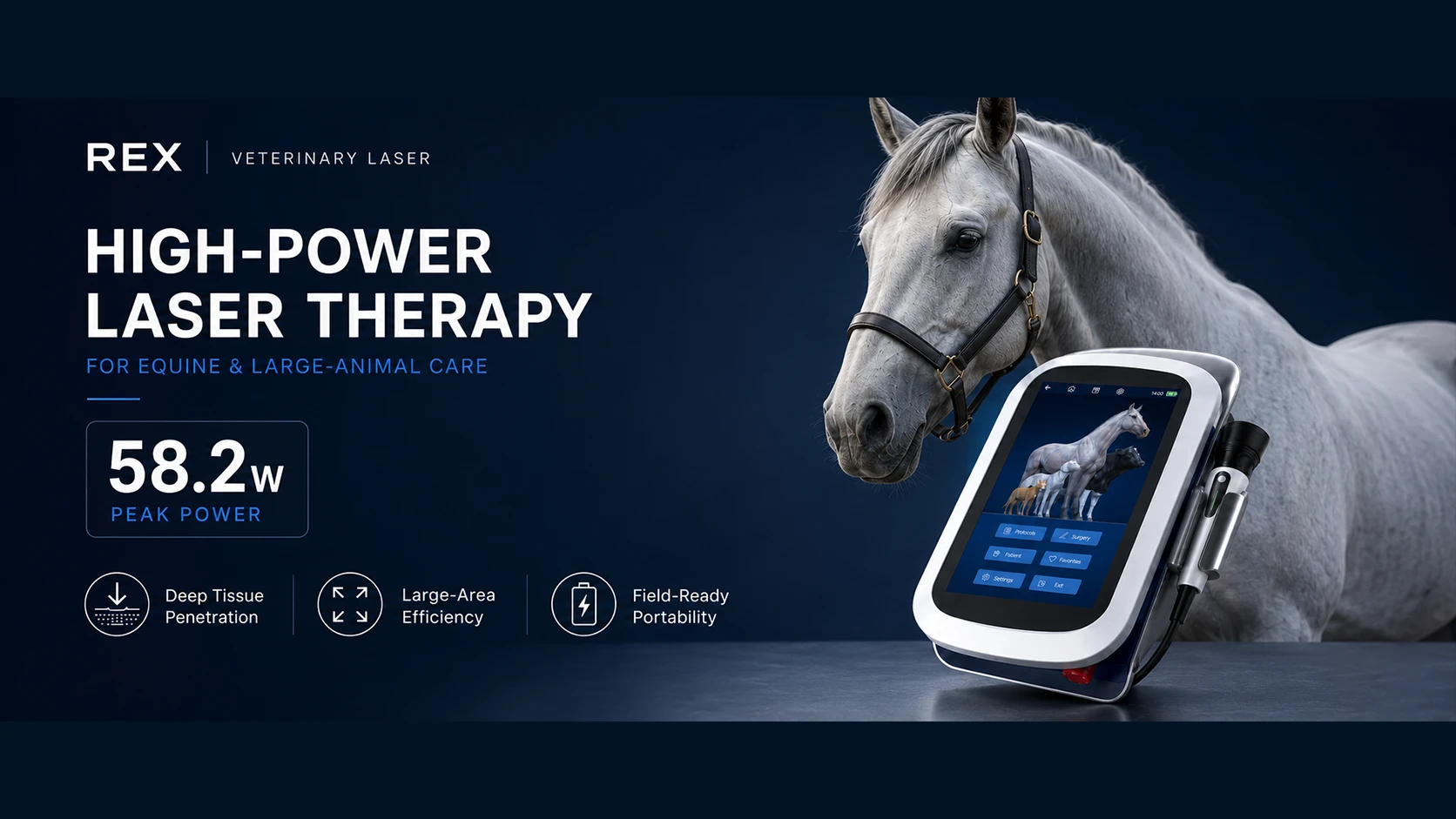 REX high-power veterinary laser therapy for equine and large-animal care
