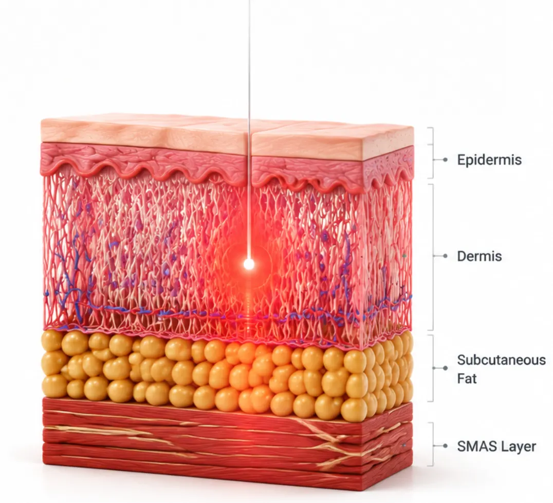 1470nm laser energy reaching skin and subcutaneous tissue