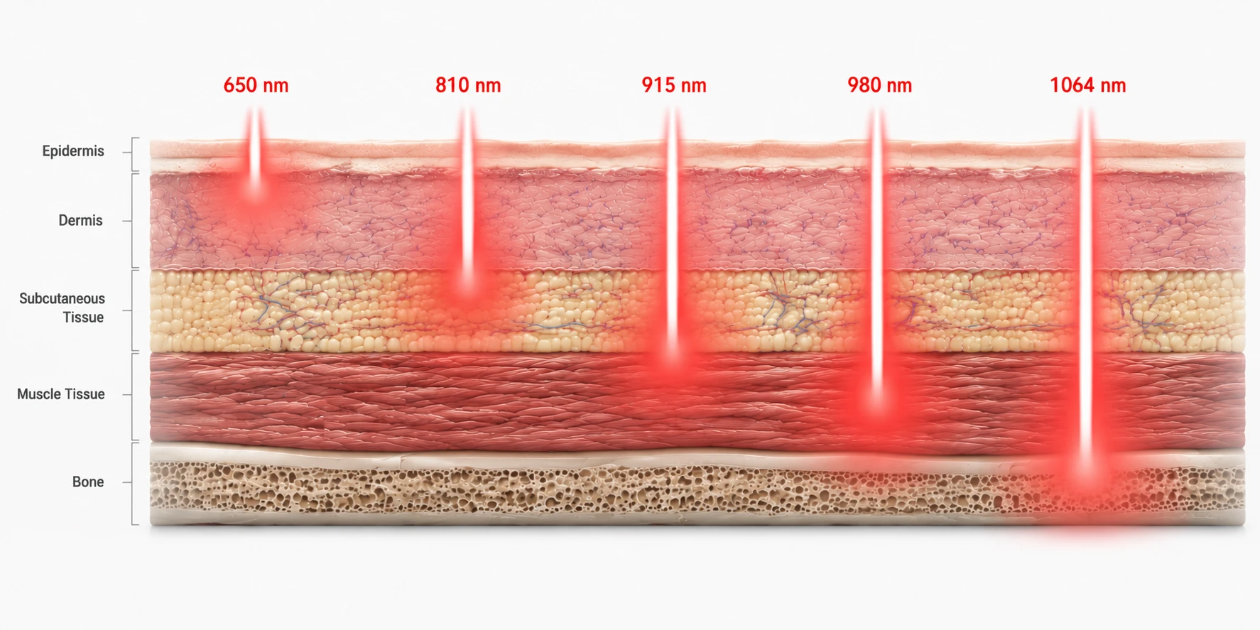 Five LYRA laser wavelengths showing different tissue penetration depths