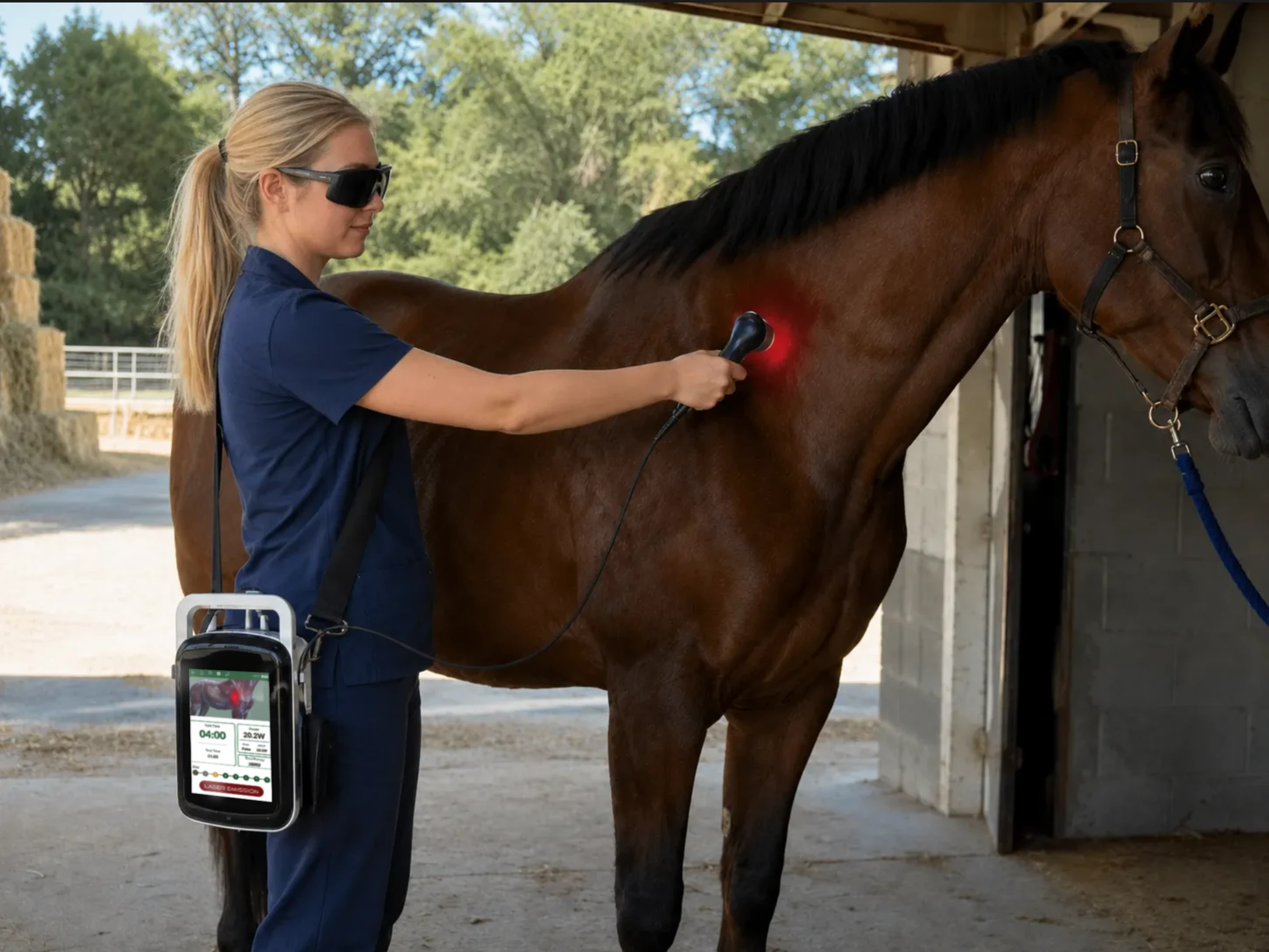 Veterinarian carrying portable LYRA Class IV laser in an equine setting