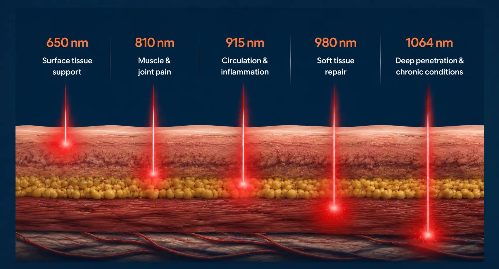 650 nm, 810 nm, 915 nm, 980 nm, and 1064 nm laser wavelength tissue depth diagram