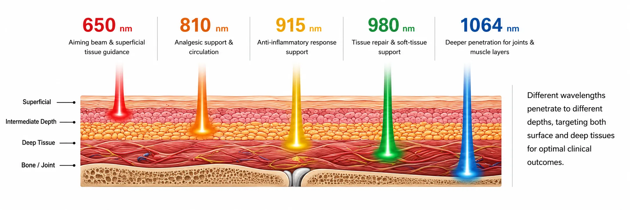 650 nm, 810 nm, 915 nm, 980 nm, and 1064 nm veterinary laser wavelengths reaching different tissue depths